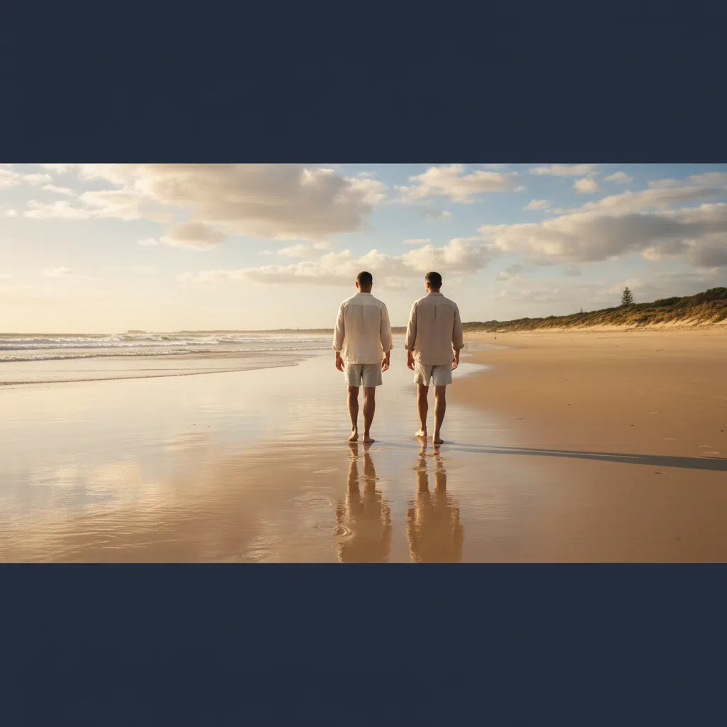 Two men walking along a sunny Australian beach - active lifestyle as part of everyday wellness
